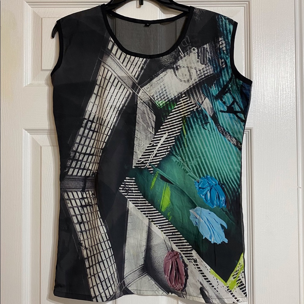 NWOT Black printed top with sheer back
